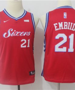 76ers 21 Joel Embiid Red Youth Nike Swingman Jersey