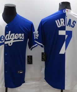 Men's Los Angeles Dodgers #7 Julio Urias White Blue Split Cool Base Stitched Baseball Jersey