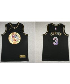 NBA 76ers 3 Allen Iverson Black Gold Diamond Men Jersey