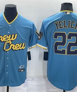 MLB Brewers 22 Christian Yelich Powder Blue 2021 City Connect Cool Base Men Jersey