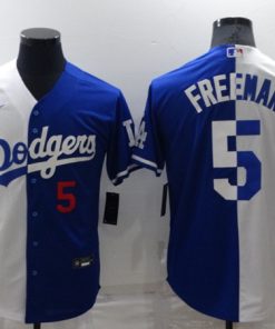 Men's Los Angeles Dodgers #5 Freddie Freeman White Blue Split Cool Base Stitched Baseball Jersey