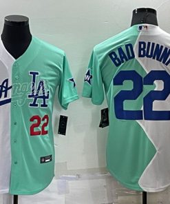Men's Los Angeles Dodgers #22 Bad Bunny White Green 2022 All-Star Cool Base Stitched Baseball Jersey1
