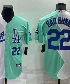Men's Los Angeles Dodgers #22 Bad Bunny White Green 2022 All-Star Cool Base Stitched Baseball Jersey2