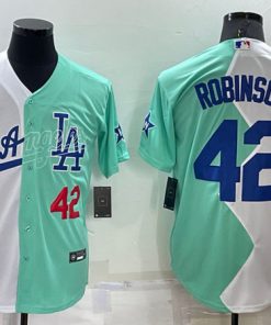 Men's Los Angeles Dodgers #42 Jackie Robinson White Green 2022 All-Star Cool Base Stitched Baseball Jersey1