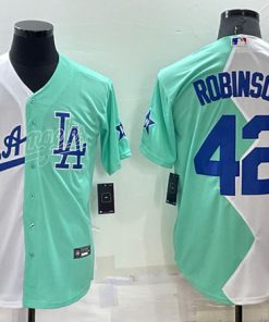 Men's Los Angeles Dodgers #42 Jackie Robinson White Green 2022 All-Star Cool Base Stitched Baseball Jersey2