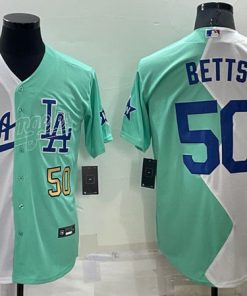 Men's Los Angeles Dodgers #50 Mookie Betts White Green 2022 All-Star Cool Base Stitched Baseball Jersey