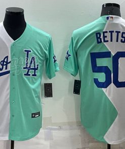 Men's Los Angeles Dodgers #50 Mookie Betts White Green 2022 All-Star Cool Base Stitched Baseball Jersey1