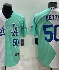 Men's Los Angeles Dodgers #50 Mookie Betts White Green 2022 All-Star Cool Base Stitched Baseball Jersey2