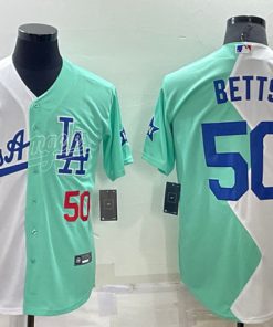 Men's Los Angeles Dodgers #50 Mookie Betts White Green 2022 All-Star Cool Base Stitched Baseball Jersey3