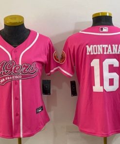 Women's San Francisco 49ers #16 Joe Montana Pink With Patch Cool Base Stitched Baseball Jersey(Run Small)