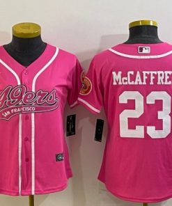 Women's San Francisco 49ers #23 Christian McCaffrey Pink With Patch Cool Base Stitched Baseball Jersey(Run Small)