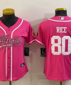 Women's San Francisco 49ers #80 Jerry Rice Pink With Patch Cool Base Stitched Baseball Jersey(Run Small)