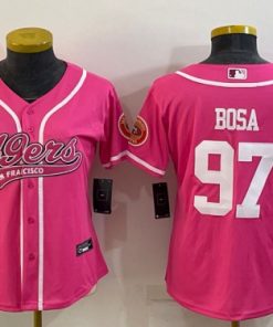 Women's San Francisco 49ers #97 Nick Bosa Pink With Patch Cool Base Stitched Baseball Jersey(Run Small)
