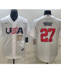 MLB Angels USA Baseball 27 Mike Trout White Gold 2023 World Baseball Classic Men Jersey