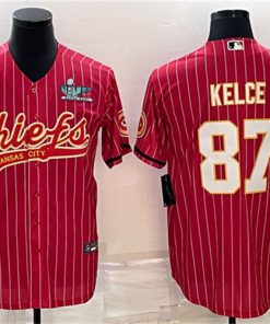 Men's Kansas City Chiefs #87 Travis Kelce Red With Super Bowl LVII Patch Cool Base Stitched Baseball Jersey