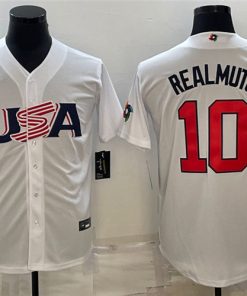 Men's USA Baseball #10 J.T. Realmuto 2023 White World Baseball Classic Replica Stitched Jersey