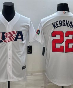 Men's USA Baseball #22 Clayton Kershaw 2023 White World Baseball Classic Stitched Jersey