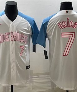 Men's Mexico Baseball #7 Julio Urías 2023 White Blue World Baseball Classic Stitched Jersey