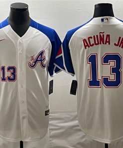 Men's Atlanta Braves #13 Ronald Acuña Jr. White 2023 City Connect Cool Base Stitched Baseball Jersey