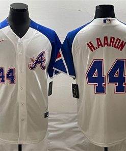 Men's Atlanta Braves #44 Hank Aaron White 2023 City Connect Cool Base Stitched Baseball Jersey