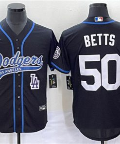 Men's Los Angeles Dodgers #50 Mookie Betts Black With Patch Cool Base Stitched Baseball Jersey