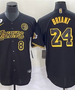 Men's Los Angeles Lakers Front #8 Back #24 Kobe Bryant With NO.2 And KB Patch Black Cool Base Stitched Baseball Jersey