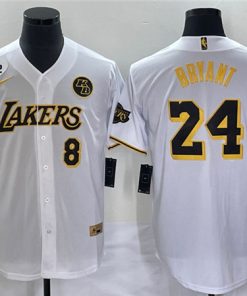 Men's Los Angeles Lakers Front #8 Back #24 Kobe Bryant With NO.2 And KB Patch White Cool Base Stitched Baseball Jersey