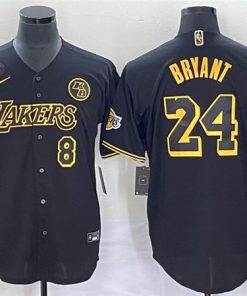 Men's Los Angeles Lakers Front #8 Back #24 Kobe Bryant With NO.6 And KB Patch Black Cool Base Stitched Baseball Jersey