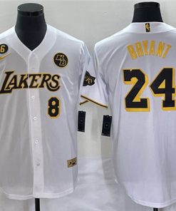 Men's Los Angeles Lakers Front #8 Back #24 Kobe Bryant With NO.6 And KB Patch White Cool Base Stitched Baseball Jersey
