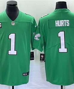 Men's Philadelphia Eagles #1 Jalen Hurts Green Vapor Limited With C Patch Stitched Jersey