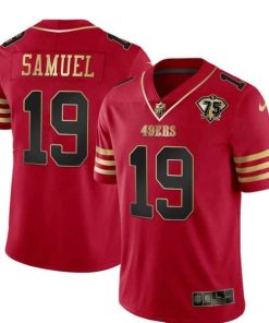 Men's San Francisco 49ers #19 Deebo Samuel Red With 75th Anniversary Patch Stitched Football Jersey