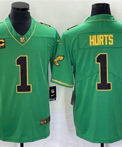 Men's Philadelphia Eagles #1 Jalen Hurts Green Gold Vapor Limited With C Patch Stitched Football Jersey
