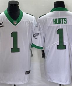 Men's Philadelphia Eagles #1 Jalen Hurts White Kelly Green With C Patch Jersey