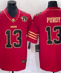 Men's San Francisco 49ers #13 Brock Purdy Red 75th Patch Golden Edition Stitched Nike Limited Jersey