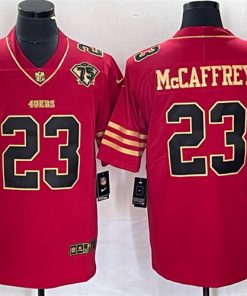 Men's San Francisco 49ers #23 Christian McCaffrey Red 75th Patch Golden Edition Stitched Nike Limited Jersey