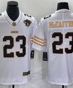 Men's San Francisco 49ers #23 Christian McCaffrey White Gold With 75th Patch Stitched Jersey