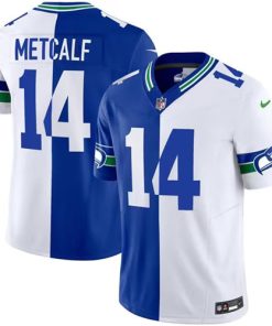Men's Seattle Seahawks #14 D.K. Metcalf Royal White Split 2023 F.U.S.E. Throwback Vapor Limited Stitched Football Jersey