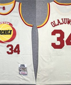 Men's Houston Rockets #34 Hakeem Olajuwon White Mitchell & Ness Hardwood Classics Swingman Stitched Basketball Jersey