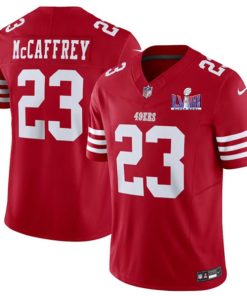 Men's San Francisco 49ers #23 Christian McCaffrey Red 2024 F.U.S.E. Super Bowl LVIII Patch Vapor Untouchable Limited Football Stitched Jersey