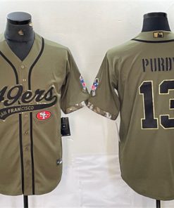 Men's San Francisco 49ers #13 Brock Purdy Olive Salute To Service With Patch Cool Base Stitched Baseball Jersey