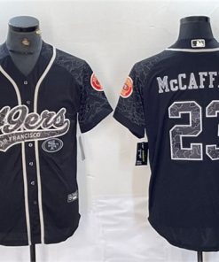 Men's San Francisco 49ers #23 Christian McCaffrey Black Reflective With Patch Cool Base Stitched Baseball Jersey