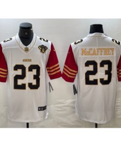 Men's San Francisco 49ers #23 Christian McCaffrey White Red With 75th Anniversary Patch Stitched Jersey