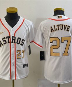 Youth Houston Astros #27 Jose Altuve White 2023 Gold Collection With World Serise Champions Patch Stitched Baseball Jersey