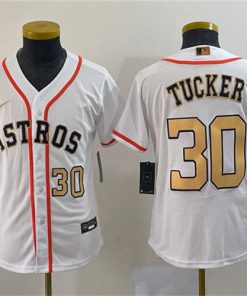 Youth Houston Astros #30 Kyle Tucker White 2023 Gold Collection With World Serise Champions Patch Stitched Baseball Jersey