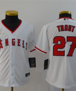 Youth Los Angeles Angels #27 Mike Trout White Cool Base Stitched Jersey