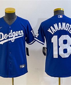 Youth Los Angeles Dodgers #18 Yoshinobu Yamamoto Blue Stitched Cool Base  Jersey