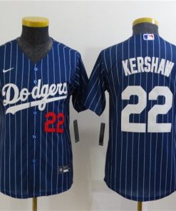 Youth Los Angeles Dodgers #22 Clayton Kershaw Navy Blue Pinstripe Stitched Jersey