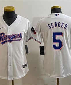 Youth Texas Rangers #5 Corey Seager White With Patch Stitched Baseball Jersey