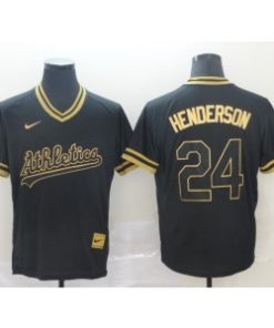 Athletics 24 Rickey Henderson Black Gold Cooperstown Legend V Neck Men Jersey