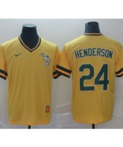 Athletics 24 Rickey Henderson Yellow Cooperstown Collection Legend V-Neck Men Jersey